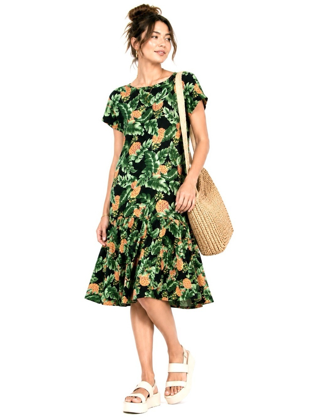 Vintage Hilo Hattie Hawaiian Pineapple Dress 100% Cotton Made USA Tropical Large